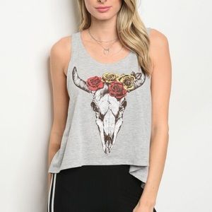 Heather Gray Desert Rose Bison Skull Tank Top
